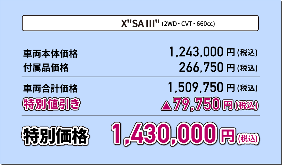X"SA Ⅲ"(2WD・CVT・660cc) 特別価格1,430,000円(税込)